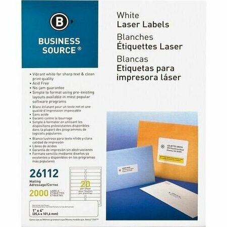 BUSINESS SOURCE Mailing Labels, Laser/Inkjet, 1inx4in, White, 2000PK BSN26112